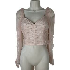 VTG Blush Crop Top Sz M Mesh Sleeves Pearls Ruched 90’s Romantic Coquette Fairy